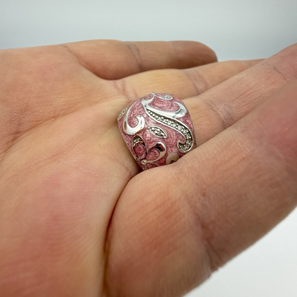Vtg QVC Designer JWBR Sterling Silver Diamond Ring Floral Pink Enamel Sz7.25 - Picture 10 of 16